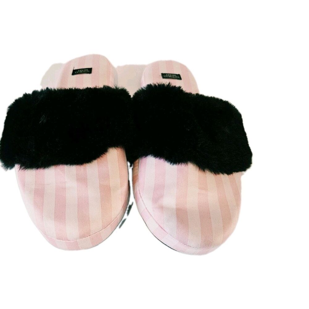 Victoria's Secret Pink Satin Faux Fur Trim Slip-On Slippers Women's Size Medium - Picture 2 of 5